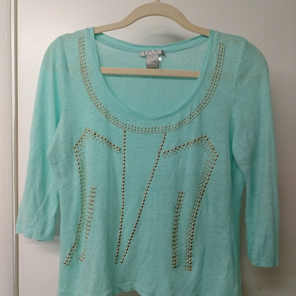 Alberto Makali Mint Green Linen & Studs Shirt Lg